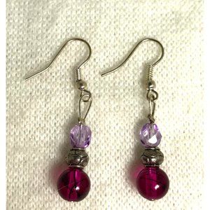 Boho Lavendar Crystal, Silver and Magenta Bead Dangle Earrings - 1 1/2"